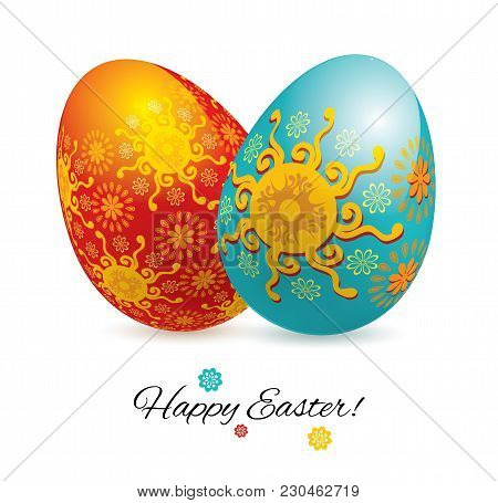 Red Blue Easter Eggs On The White Background. Two Easter Eggs With Ornament. Two Icons