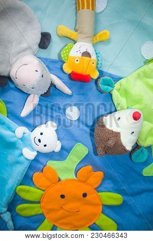 Colorful Baby Toys On Blut. Top View