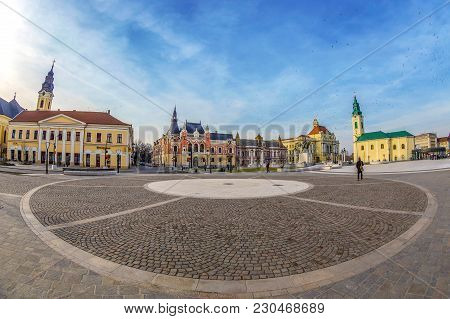 Oradea,romania-january 27,2018:the Union Square With Historical Buildings. City Hall,palace Of The G