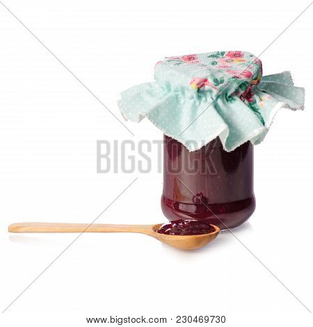 Raspberry Jam In A Jar Wooden Spoon On White Background Isolation