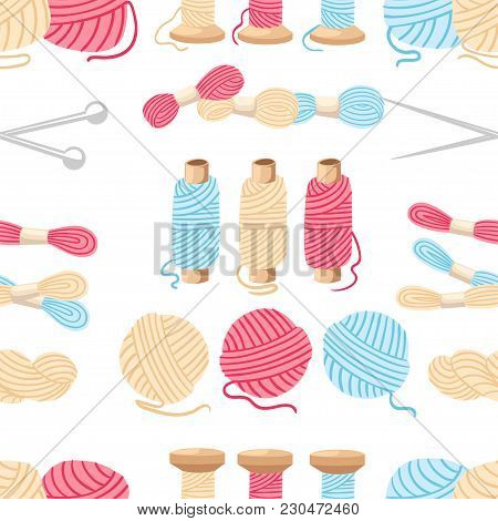 Seamless Pattern. Threads For Sewing For Cross Stitching Set Tools For Sewing Knitting Needles Vecto