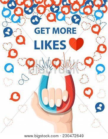 Get More Likes. Hand Hold Horseshoe Magnet Pulling Or Get Many Likes. Seo Concept. Vector Illustrati