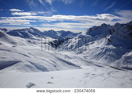 Landscape At Ski Resort In Arlberg Mountains. Austria