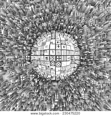 View From Above On An Abstract City With Skyscrapers Around A Massive Sphere In The Center, Made Of 