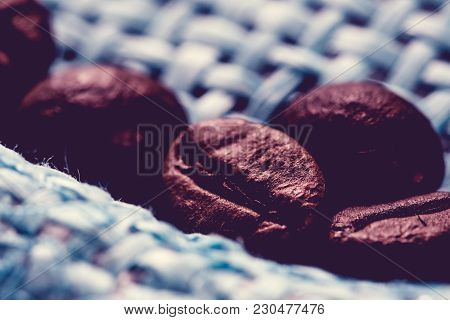 Roasted, Fragrant Coffee Grains Macro Delicious Beverage On Yellow Background