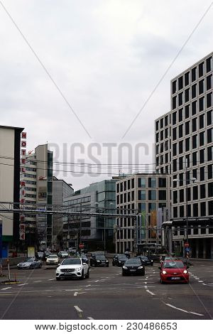 Stuttgart, Germany - February 03: Business Buildings, Hotels And Traffic Along The Theodor-heuss-str
