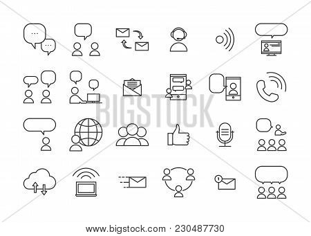 Communication And Interaction Icons. Vector Thin Line Pictograms Of Ways Of Communicating And Sharin