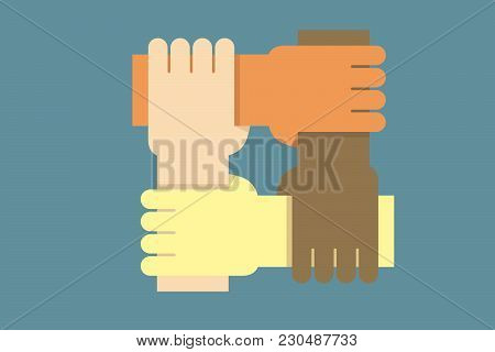 Background Design With Hands From People Of Different Ethnicities Together As One. Vector Illustrati