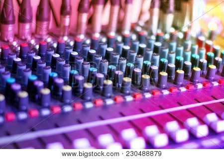 Dj Audio Mixing Console. Sound Music Mixer In Night Club Party. Selective Focus.