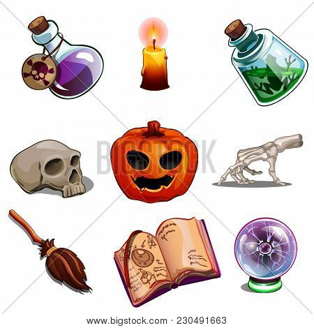 A Set Of Objects For Performing Occult Rites. The Attributes Of The Witch And Sorcerer. Vector Illus