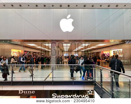 MANCHESTER - MARCH 10, 2018: The Apple Store at The Manchester Arndale shopping centre in Manchester, Northern England, UK.