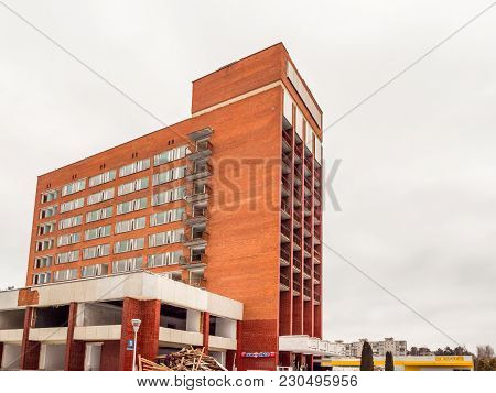 Visaginas, Lithuania - 12 February 2018: Day Winter View Shot Of Demolition Of Aukstaitija Hotel.