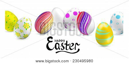 White, Yellow, Red, Striped Colorful Easter Eggs On The White Background. Set Of Icons. Happy Easter
