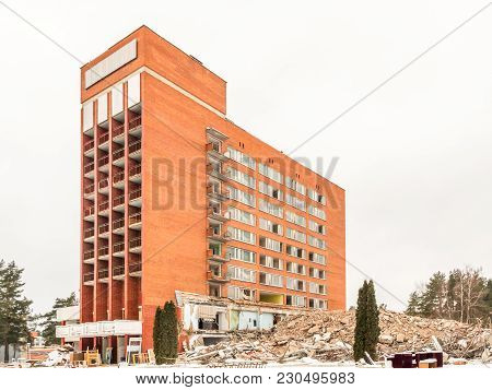 Visaginas, Lithuania - 12 February 2018: Day Winter View Shot Of Demolition Of Aukstaitija Hotel.