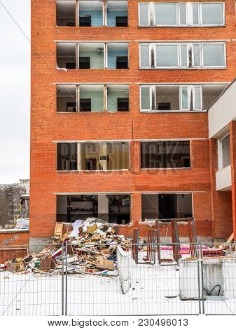 Visaginas, Lithuania - 12 February 2018: Day Winter View Shot Of Demolition Of Aukstaitija Hotel.