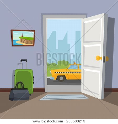 An Open Doorway To The City. The Taxi Is Waiting At The Door. Go On Vacation. Welkome To The Real Wo