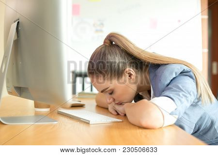 Woman Sleep When Finished For Work At Office. People Working Over Time Concept.