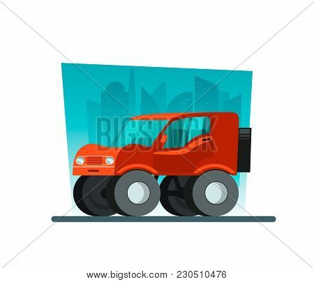 Image In A Flat Style With A City Car On A Background Of Skyscrapers