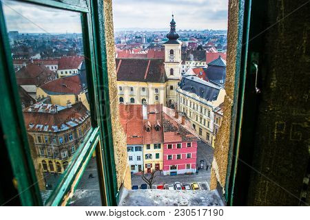 Beautiful view to Sibiu historic center and Holy Trinity Roman Catholic Church viewed from the Evangelical Church.