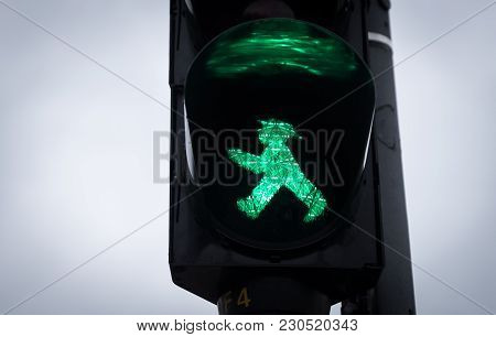 Traffic Light With Green Man Ampelmann Walking, Berlin City, Germany