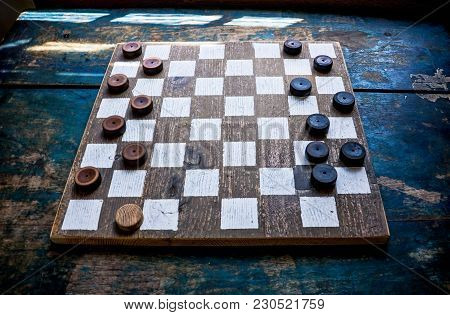 A Game Of Chess, Checkers. Chess Tournament. A Chessboard, Checkers. Whiteboard In Black And White