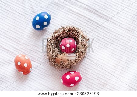 Easter Eggs With White Points, Birds Nest And Plumelet On Checkered  Background