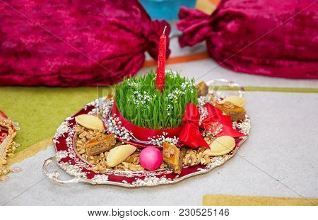 Novruz National Azerbaijan Holiday Spring New Year Celebration Concept, Wheat Grass Semeni . A Semin
