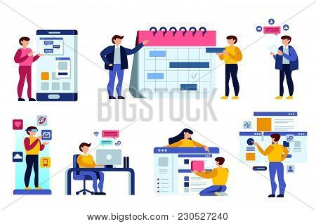 People Debate On Calendar Building A Schedule Application User Interface. Simple Flat Vector Deign.