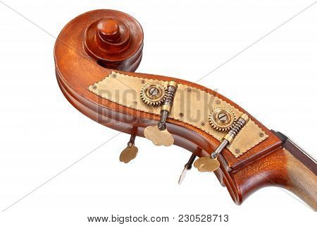 Pegbox, Scroll And Tuning Keys Of A Contrabass Isolated On White