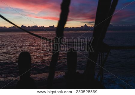 Seascape From The Side Of An Old Wooden Sailboat