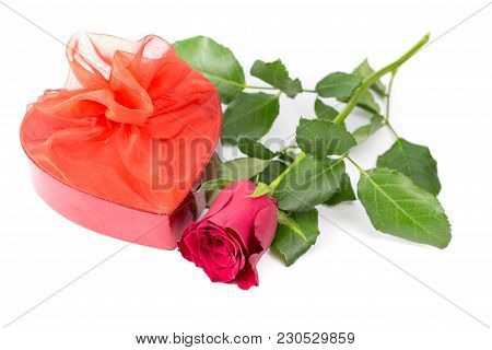 Heart Shaped Box And Red Rose On White Background