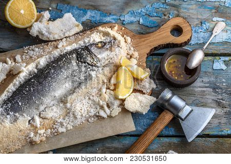 Fish Baked In Salt With Lemon And Oil, Deadpan Style, Rustic, Top View