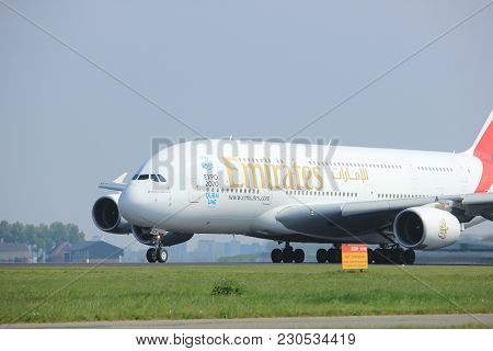 Amsterdam The Netherlands - May 6th, 2017: A6-eex Emirates Airbus A380-800 Takeoff From Polderbaan R