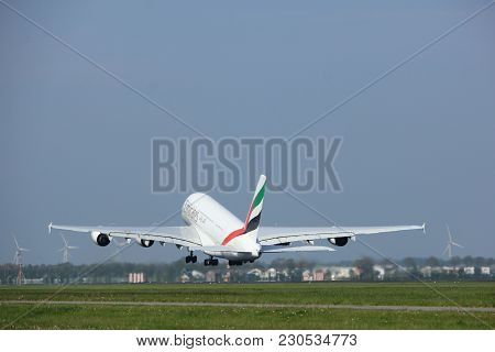 Amsterdam The Netherlands - May 6th, 2017: A6-eex Emirates Airbus A380-800 Takeoff From Polderbaan R