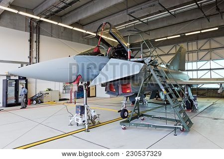 Laage, Germany - Aug 23, 2014: A German Air Force Eurofighter Typhoon Parked In A Shelter During The