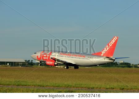 Amsterdam, The Netherlands  - June 1st, 2017: G-cely Jet2 Boeing 737-300 Taking Off From Polderbaan 