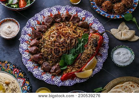 Mejadra Or Rice With Lentils With Shish Kebab In Traditional Plate.
