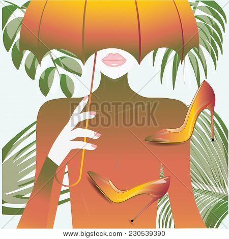 Woman Under Umbrella Realistic Lacquered Shoes High Heel Multicolor Art Creative Vector Illustration