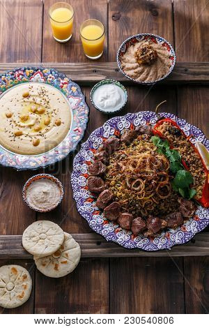 Middle Eastern Or Arabic Dishes And Assorted Dishes, Top View.