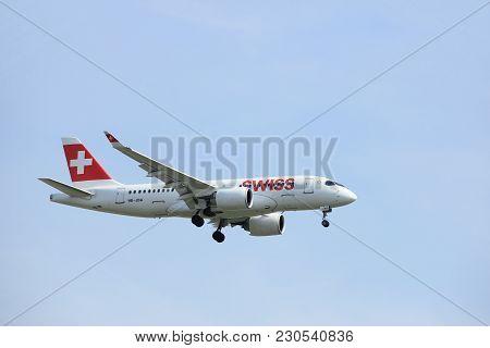 Amsterdam, The Netherlands - March 31st, 2017:  Hb-jba Swiss Bombardier Cseries Cs100 Approaching Po