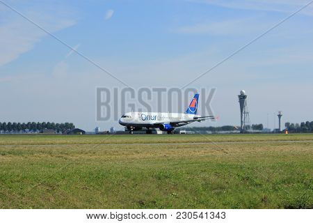 Amsterdam, The Netherlands  - August, 18th 2016: Tc-obm Onur Air Airbus A320-232,
Taking Off From Po