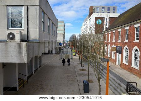 Bracknell, England - March 11, 2018: A View Of Old And Modern Buildings Along The High Street With P