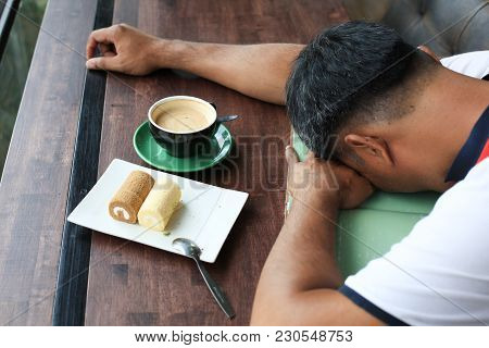 Hot Coffee Serve For Working Man Hard Work And Sleep