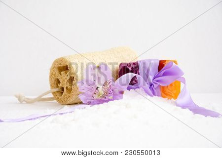 Bathroom Accessories, Luff,  Alstroemeria Flower, Handmade Soap And White Towel