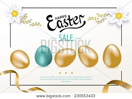 Gold Easter Eggs On The White Background. Set Of Easter Eggs