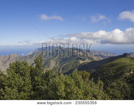 View Point Amogoje, Green Hills With Rock In The Sea El Draguillo In Anaga Mountain, Tenerife  Canar