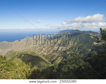 View Point Amogoje, Green Hills With Rock In The Sea El Draguillo In Anaga Mountain, Tenerife  Canar