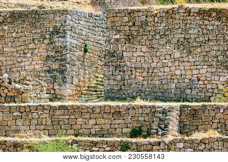 Fragment Of The Old Fortress Wall In The Ancient Akrocorinth. Peloponnese, Greece.