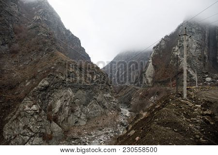 Panorama Of The Foggy Winter Landscape In The Mountains With Snow And Rocks, Azerbaijan, Lahic, Big