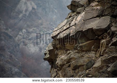 Panorama Of The Foggy Winter Landscape In The Mountains With Snow And Rocks, Azerbaijan, Lahic, Big